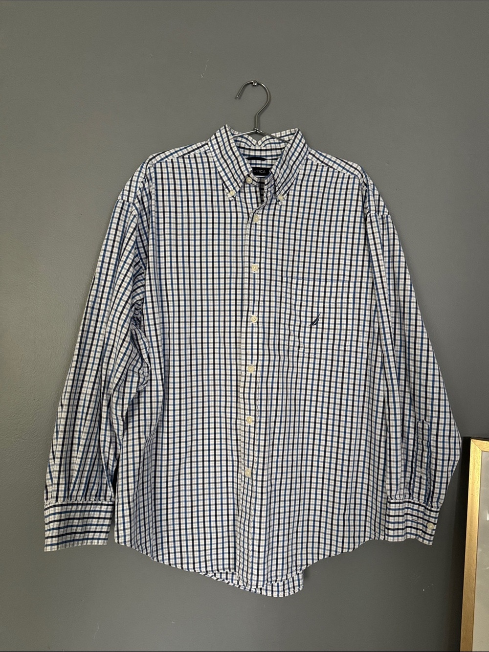 Nautica Navy and White Windowpane Button-Down Shirt